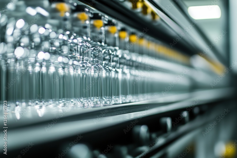 Glass bottles on automated assembly line in factory Glass bottles on automated assembly line in factory