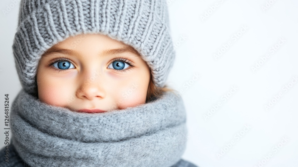 A child is smiling while wearing a knitted gray hat and scarf, showcasing striking blue eyes against a light background A child is smiling while wearing a knitted gray hat and scarf, showcasing striking blue eyes against a light background