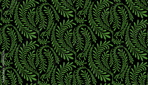 Green fern pattern seamless on dark background. Floral seamless pattern. Fern leaf with swirling leaves, perfect for textiles, wallpaper, and decorative backgrounds.