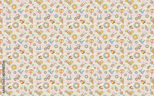 Seamless summer pattern vector featuring beach elements such as sunglasses, ice cream, lifebuoys, sun hats, and tropical drinks. Perfect for wallpapers, fabrics, wrapping papers, and digital designs.