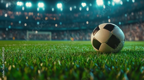 Soccer ball on field, night game, stadium crowd (1) photo