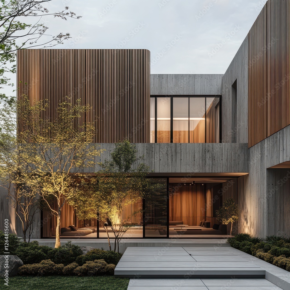 Modern minimalist house exterior with concrete and wooden elements Modern minimalist house exterior with concrete and wooden elements