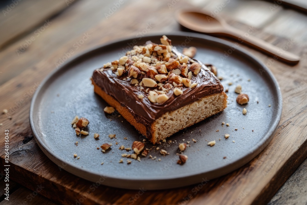 trendy fusion dessert featuring slice of Japanese milk bread topped with chocolate paste and rustic mix of chopped nuts, served on a textured ceramic plate with a reclaimed wooden board underneath. trendy fusion dessert featuring slice of Japanese milk bread topped with chocolate paste and rustic mix of chopped nuts, served on a textured ceramic plate with a reclaimed wooden board underneath.