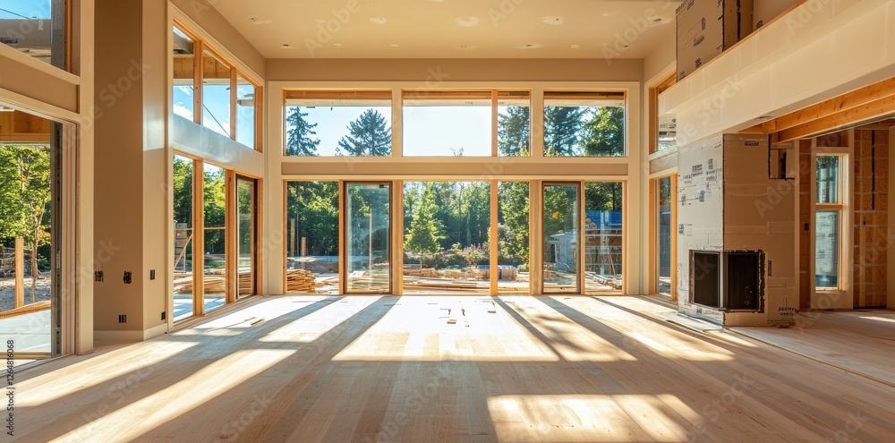 Fototapeta premium Sunlit interior of modern home under construction