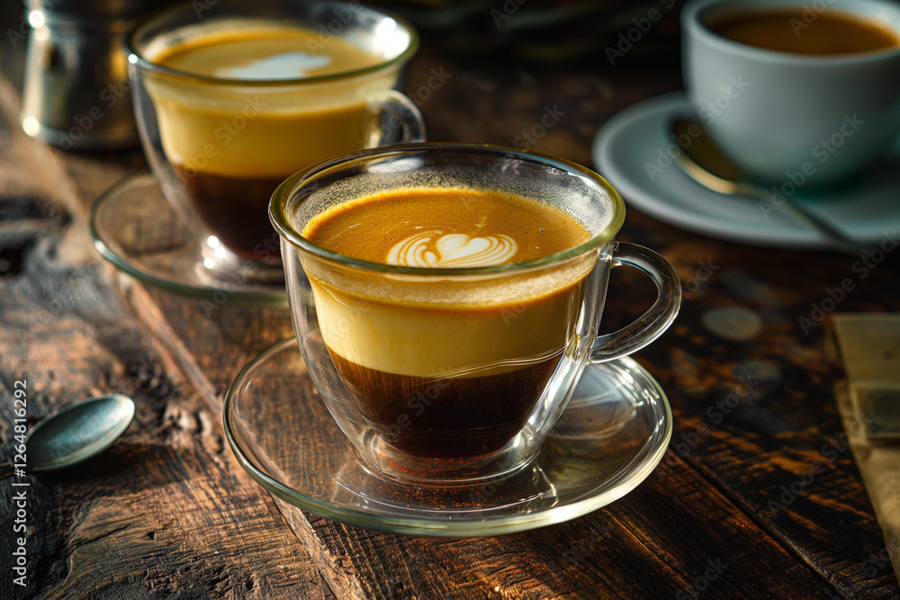 A beautifully composed image of Vietnamese coffee with condensed milk, served in elegant glass cups A beautifully composed image of Vietnamese coffee with condensed milk, served in elegant glass cups