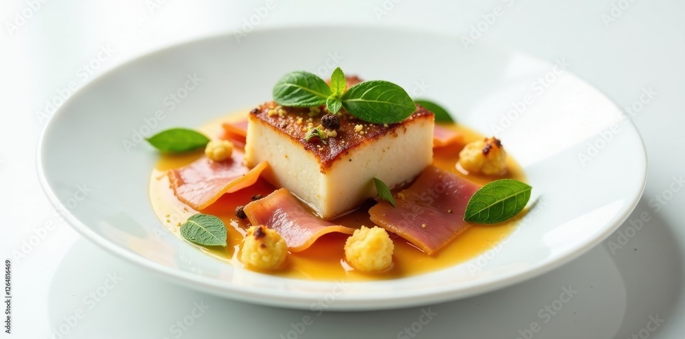Elegant culinary creation featuring a caramelized custard, delicate cured meat, and vibrant herb garnish, artfully arranged on a pristine white plate. Elegant culinary creation featuring a caramelized custard, delicate cured meat, and vibrant herb garnish, artfully arranged on a pristine white plate.