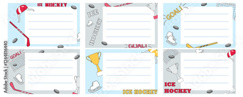 Set of colorful ice hockey themed notebook name stickers. Sport vector illustration of school supplies, print. Labels.