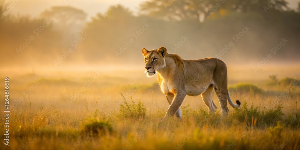 Majestic Lioness Walking Gracefully Through Golden Grassland at Dawn Majestic Lioness Walking Gracefully Through Golden Grassland at Dawn