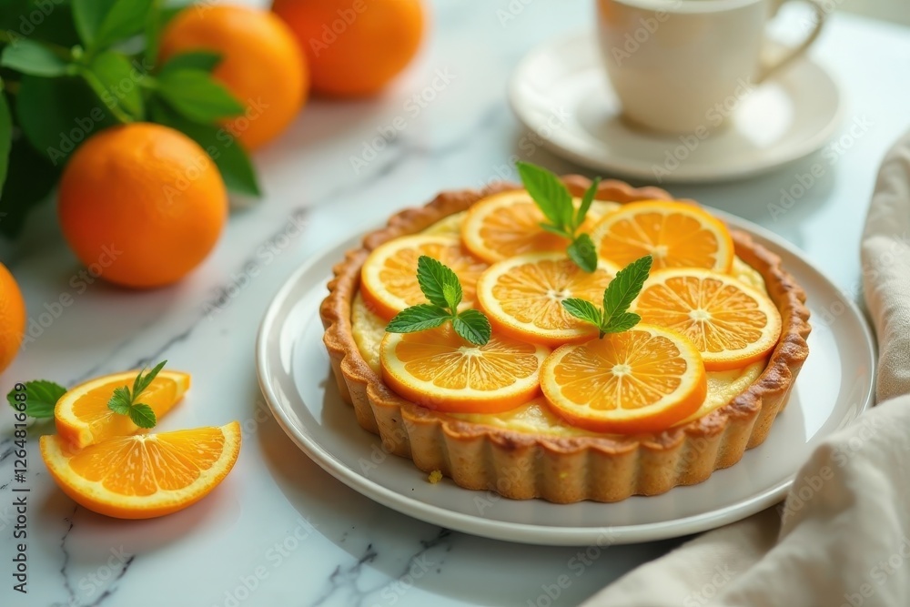 Delicious citrus tart with fresh orange slices and mint garnish on a marble surface Delicious citrus tart with fresh orange slices and mint garnish on a marble surface
