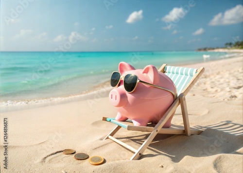 Piggy Bank on Beach Vacation, Saving for Summer Fun