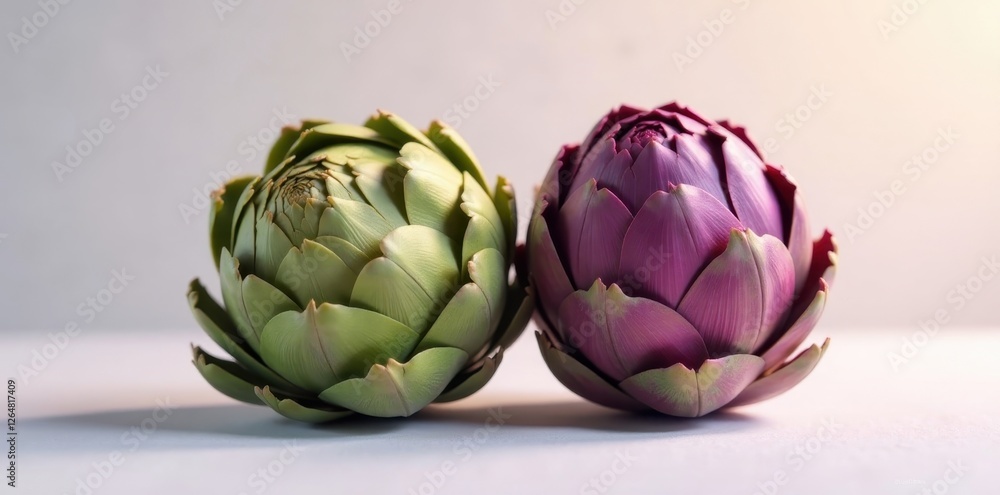 Fototapeta premium A Pair of Vibrant Artichokes, One in a Delicate Green Hue and the Other in a Rich, Deep Purple, Resting Side-by-Side on a Smooth, Neutral Surface.
