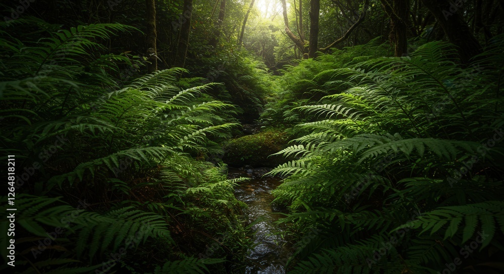 Fototapeta premium Lush Green Forest with Ferns and Flowing Stream of Water