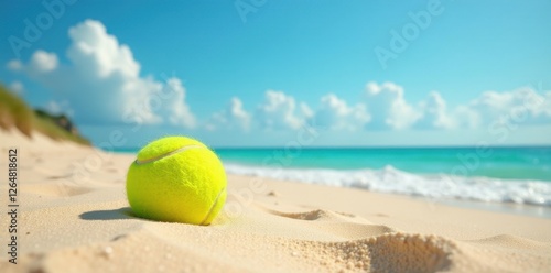 A sunny beach scene featuring a vibrant yellow tennis ball resting gently on the soft, pristine sand, near the tranquil ocean waves under a bright blue sky with fluffy white clouds.