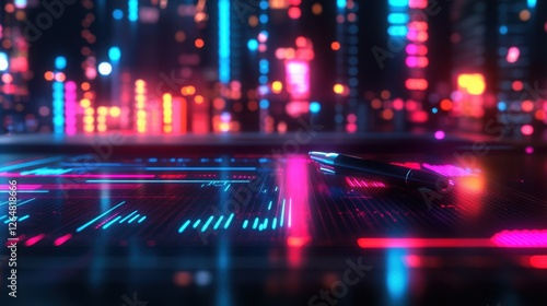 Business graph analysis with a sleek pen and glowing computer screen, soft lights behind.