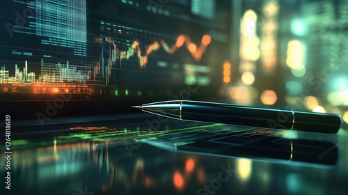 Business graph analysis with a sleek pen and glowing computer screen, soft lights behind.