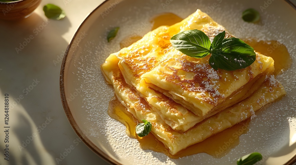 Delicious Crepes with Maple Syrup and Fresh Basil Garnish Delicious Crepes with Maple Syrup and Fresh Basil Garnish