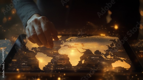 Businessperson analyzing global financial data on a tablet, with futuristic icons and a glowing world map in the background.