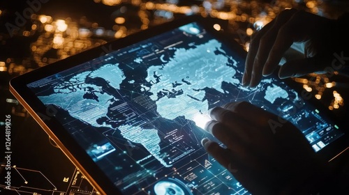 Businessperson analyzing global financial data on a tablet, with futuristic icons and a glowing world map in the background.
