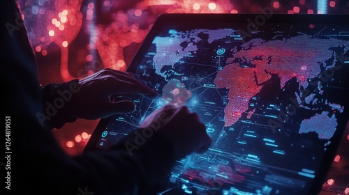Businessperson analyzing global financial data on a tablet, with futuristic icons and a glowing world map in the background.