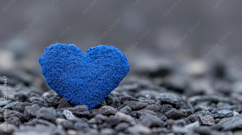 Obraz premium Blue Glittery Heart on Dark Gravel Close Up