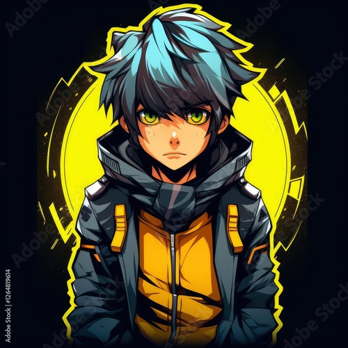 Cute anime boy on the black background, Manga style anime character for t-shirt design