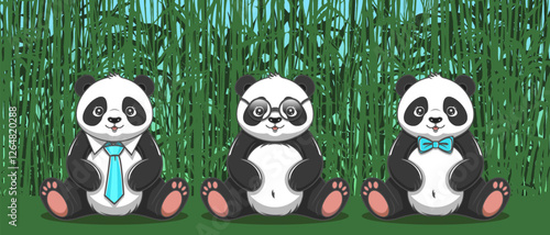 Vector cartoon cute chubby sitting three soft cuddly pandas, in glasses and ties. Asian forest animals. Toon bamboo bear. Wildlife and zoo. Chinese fauna