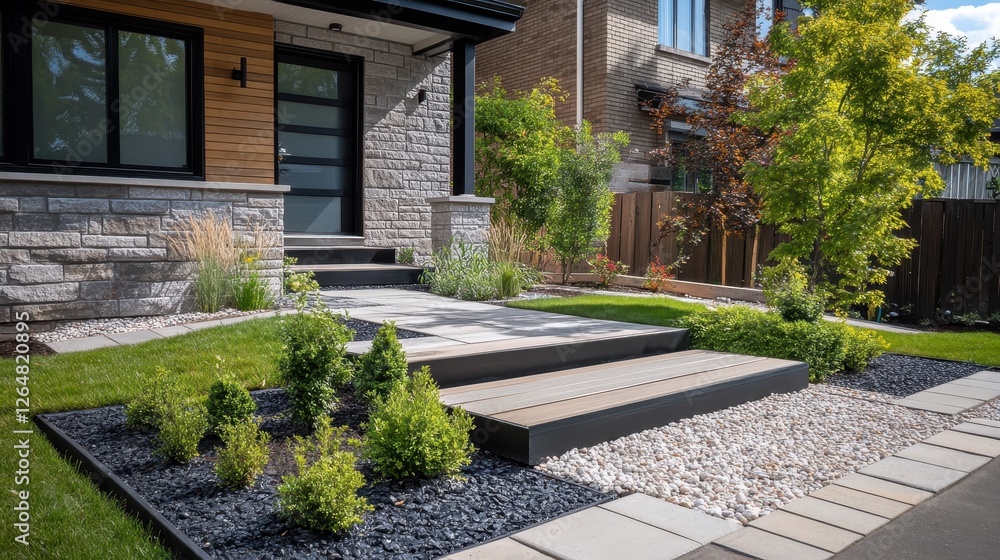 Fototapeta premium Beautifully landscaped front yard with modern home exterior elements