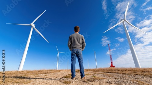 Wind energy specialist observing turbines open field photography clear sky side view renewable energy focus