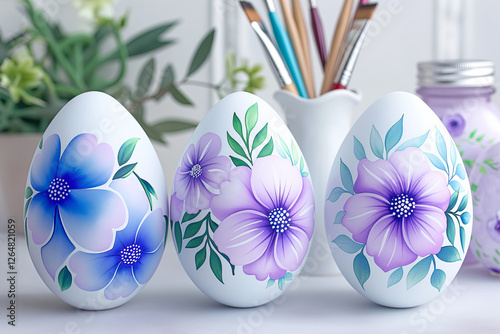 Hand-painted decorative Easter eggs with floral ornament on white background. Brushes and paint can are in the background. Hand-painted Easter egg painting, DIY kit advertisement photo