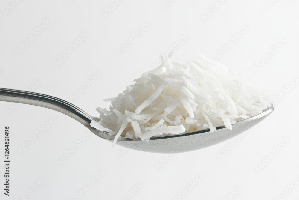 A close-up view of shredded coconut on a silver spoon against a white background. isolated on white background. A close-up view of shredded coconut on a silver spoon against a white background. isolated on white background.