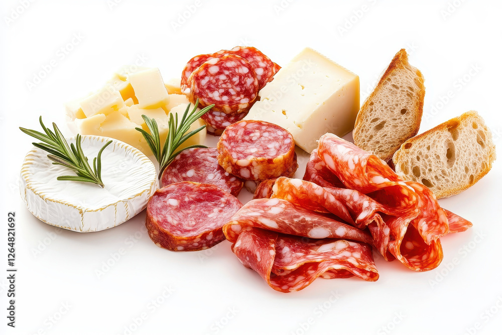 A gourmet selection of cured meats, cheeses, and bread arranged for a delicious platter. isolated on white background. A gourmet selection of cured meats, cheeses, and bread arranged for a delicious platter. isolated on white background.