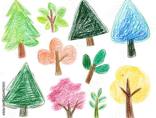 Collection of colorful crayon drawings of various trees on transparent background.  Includes evergreens, deciduous trees, and spring blossoms