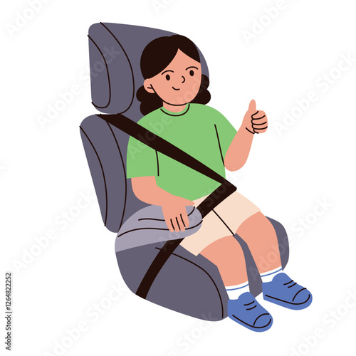 Vector illustration of child securely fastened in car seat. Protection for kids in cars. Flat cartoon girl character with thumb up, safety harness, seat belt, simple composition for children road trip