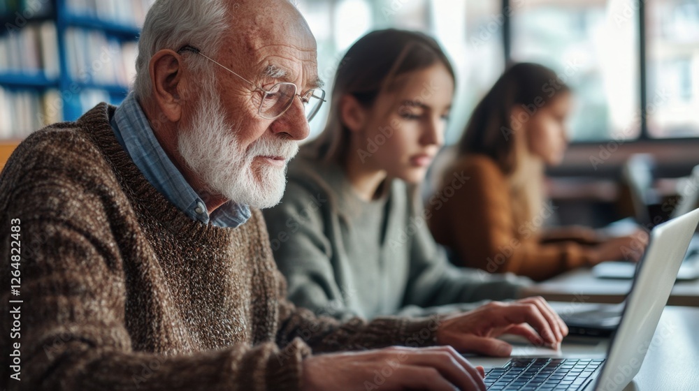 Elderly man typing on a laptop in a classroom, a teacher guiding him with patience and encouragement. Elderly man typing on a laptop in a classroom, a teacher guiding him with patience and encouragement.