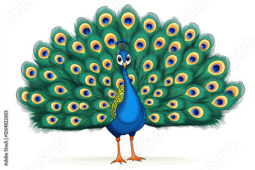 A vibrant cartoon peacock displaying its colorful feathers in a playful stance. isolated on white background.