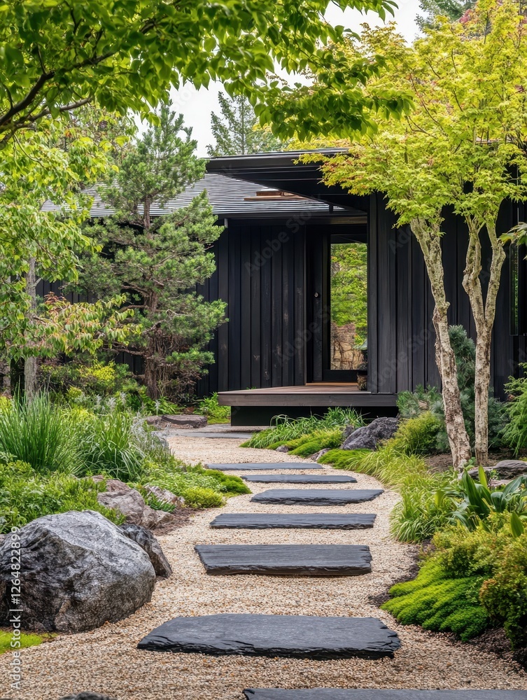 Stone path leads to a modern black house amid lush greenery Stone path leads to a modern black house amid lush greenery