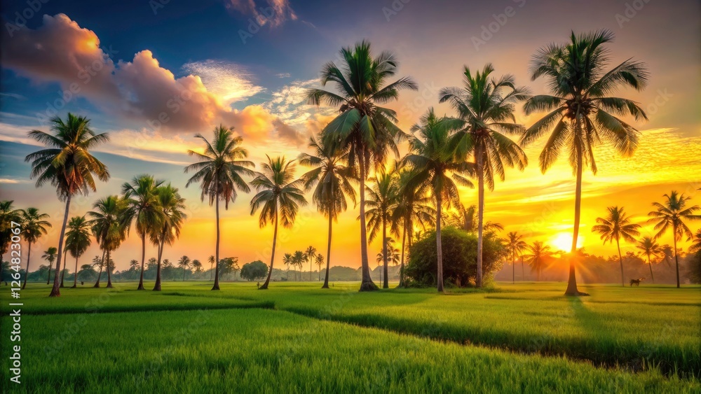 An Giang's sunset paints rice paddies gold, bokeh-blurred palms framing idyllic rural Vietnam.