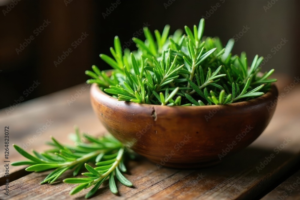 Aromatic Fresh Herb Sprouts in Rustic Wooden Bowl on Dark Wooden Surface Aromatic Fresh Herb Sprouts in Rustic Wooden Bowl on Dark Wooden Surface