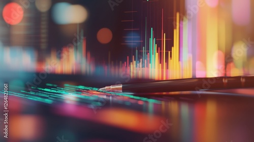 Financial analysis with pen, computer, and vibrant graphs, lights softly blurred behind.