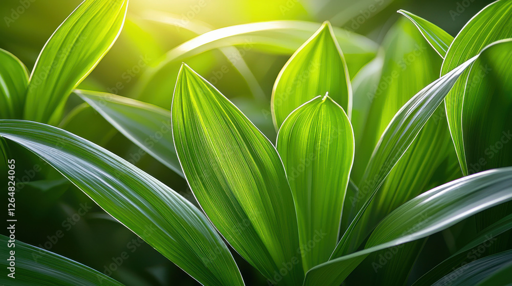 Close-up of vibrant green leaves illuminated by soft natural light. Close-up of vibrant green leaves illuminated by soft natural light.