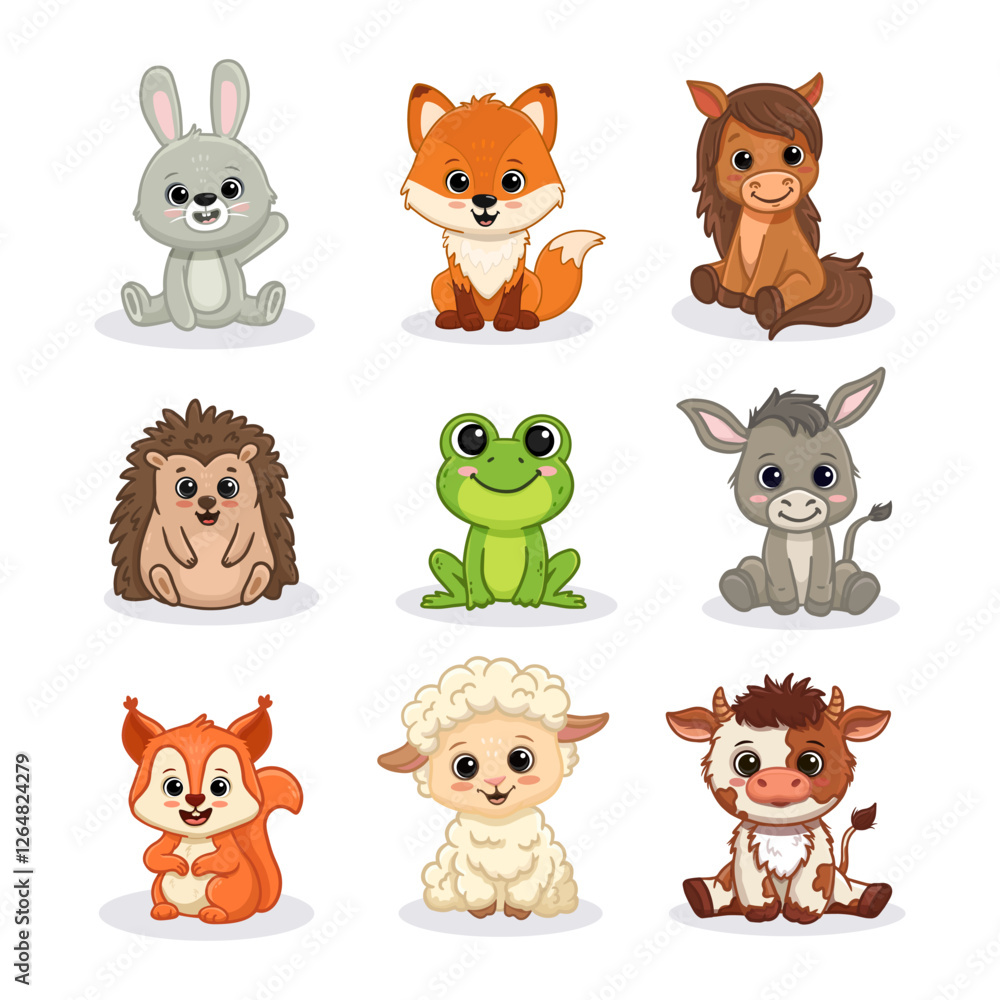 Set of cartoon cute animals including fox, bunny, rabbit, horse, donkey, hedgehog, cow, frog, sheep and squirrel. Forest and farm animals for magazines, postcards. Vector illustration Set of cartoon cute animals including fox, bunny, rabbit, horse, donkey, hedgehog, cow, frog, sheep and squirrel. Forest and farm animals for magazines, postcards. Vector illustration