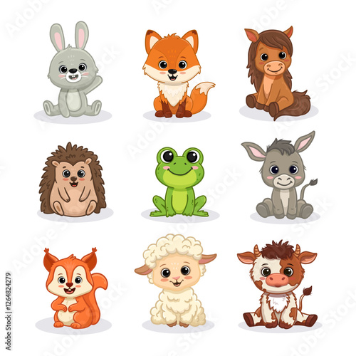 Set of cartoon cute animals including fox, bunny, rabbit, horse, donkey, hedgehog, cow, frog, sheep and squirrel. Forest and farm animals for magazines, postcards. Vector illustration