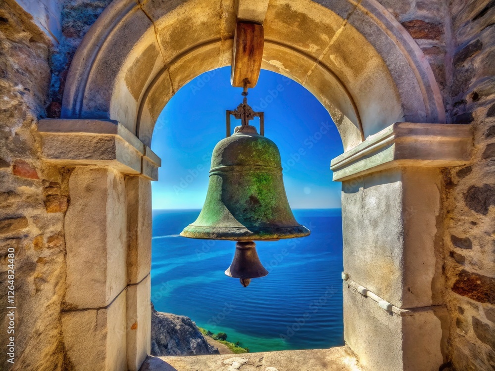A weathered Greek monastery bell tower, a detailed closeup against the Aegean's azure sky, stands as a timeless religious symbol. A weathered Greek monastery bell tower, a detailed closeup against the Aegean's azure sky, stands as a timeless religious symbol.