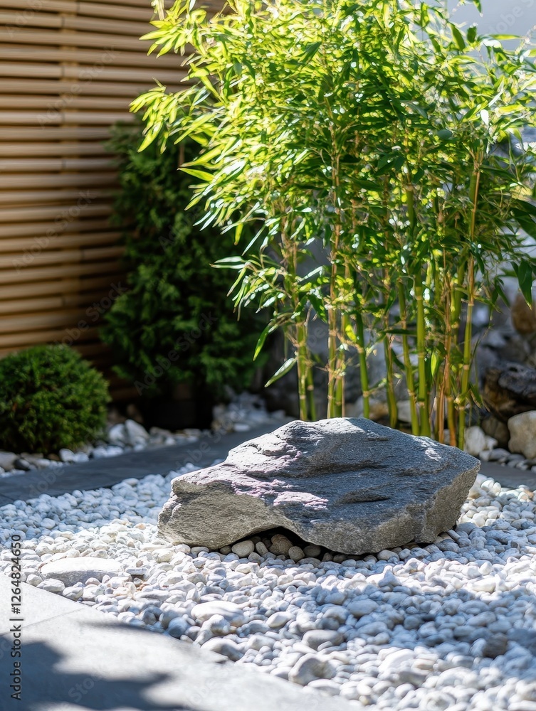 A gray rock sits atop white pebbles surrounded by bamboo A gray rock sits atop white pebbles surrounded by bamboo