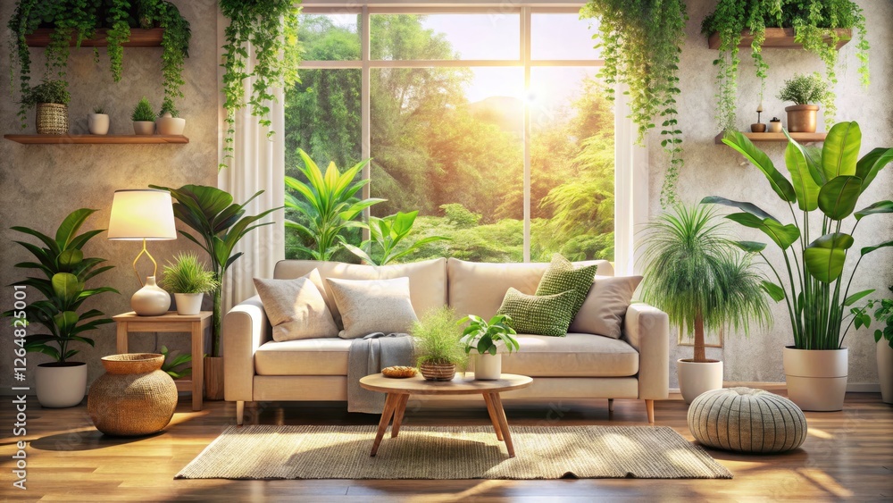 Fototapeta premium Bathed in natural light, a cozy living room features a light sofa, woven rug, lush plants, and tasteful home décor.