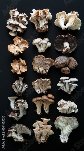 Fresh wild mushrooms of various shapes and colors are beautifully displayed in a bowl, showcasing nature's culinary treasures photo