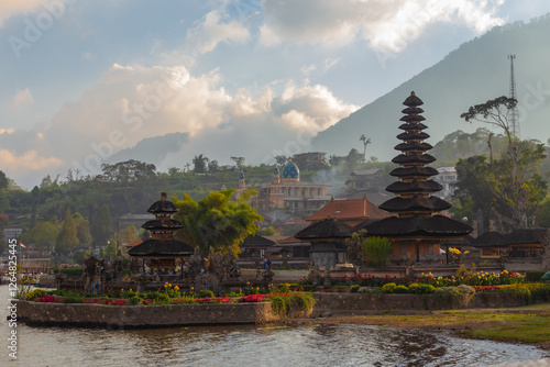 Pura Ulun Danu Beratan Bedugul, a beautiful Hindu temple on a lake with beautiful gardens, boating activities and wildlife photography opportunities, Tabanan, in the east of Bali, Indonesia