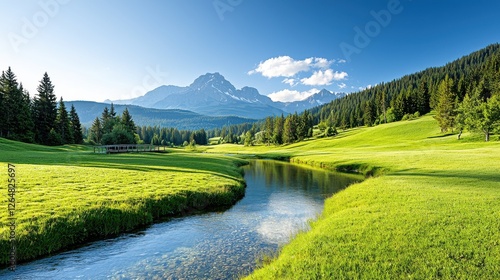 Stunning scenic landscape with a meandering river flowing through a lush green meadow surrounded by towering snow capped mountains in the distance