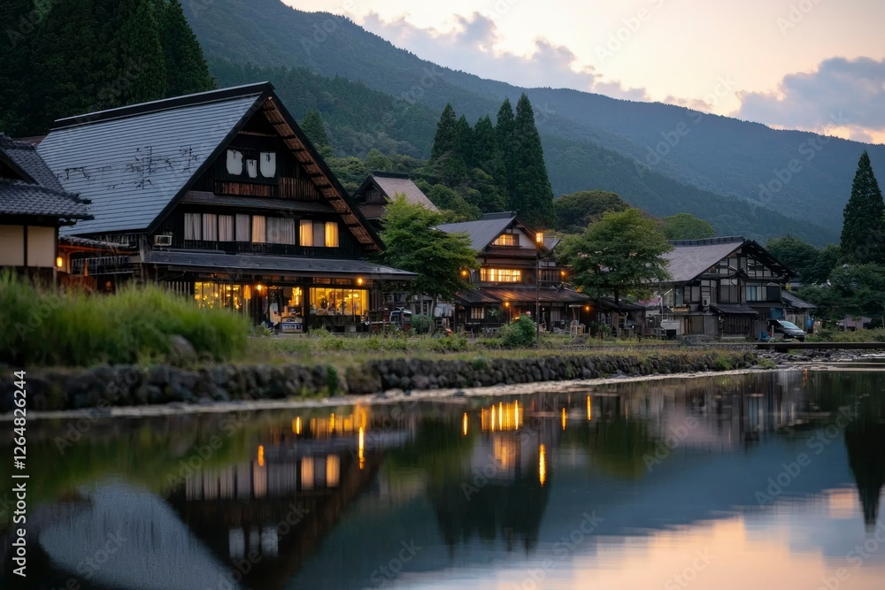 Japanese houses at sunset reflected in river in traditional village setting Japanese houses at sunset reflected in river in traditional village setting