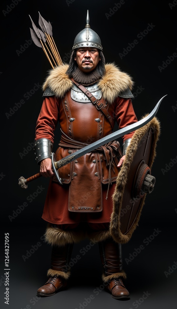 Warrior in traditional attire stands proudly with sword and shield at dusk Warrior in traditional attire stands proudly with sword and shield at dusk